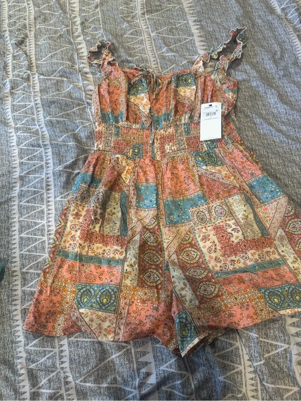 O'Neill Multicolor Paisley Smocked Romper in Coral, Teal & Cream - Picture 4 of 7